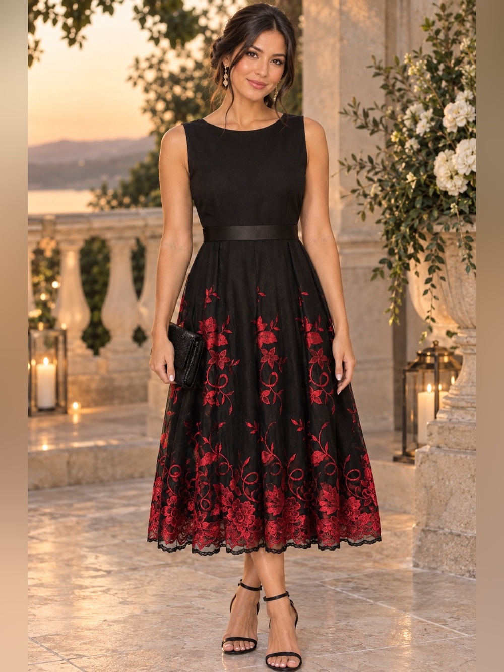 R&K Black Midi Dress with Red Floral Embroidery in Women’s size 12 NWT
